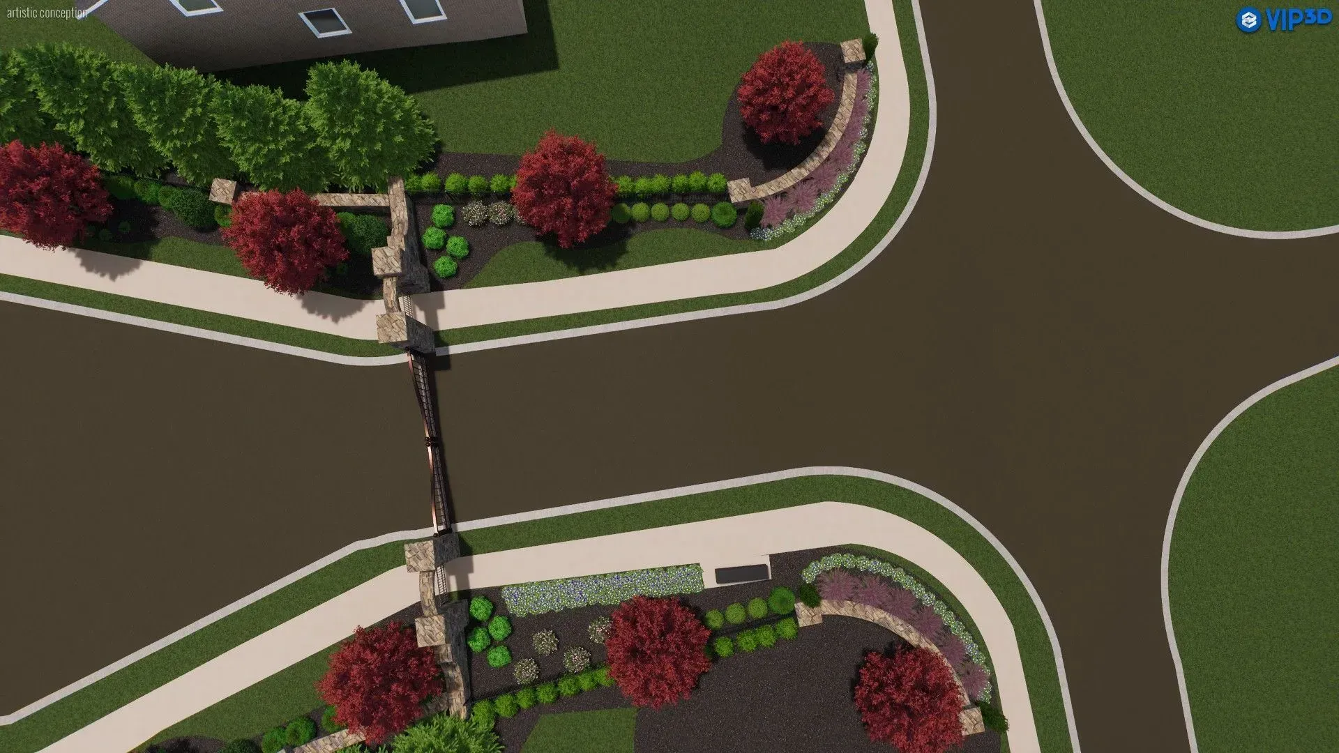 Aerial view of a landscaped road intersection with curved sidewalks, trees, and streetlights