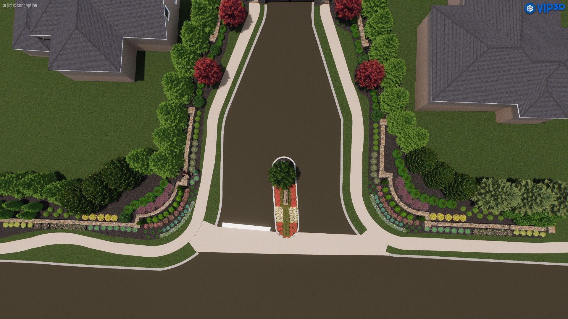 Aerial view of a landscaped driveway with trees, flower beds, and two large houses on either side.