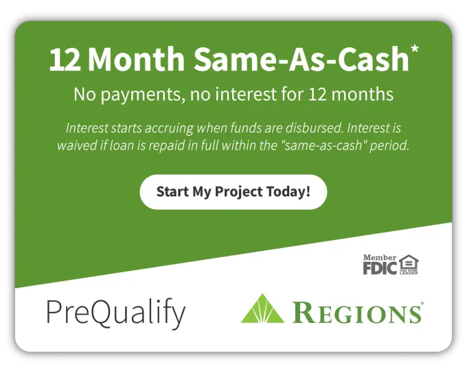 Green Regions mortgage ad: “12 Month Same-As-Cash,” with “Start My Project Today!” and PreQualify logo.