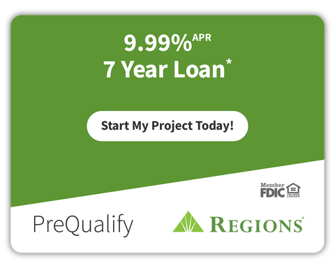 Green loan ad for 9.99% APR, 7-year loan, with “Start My Project Today!” and PreQualify/Regions logos