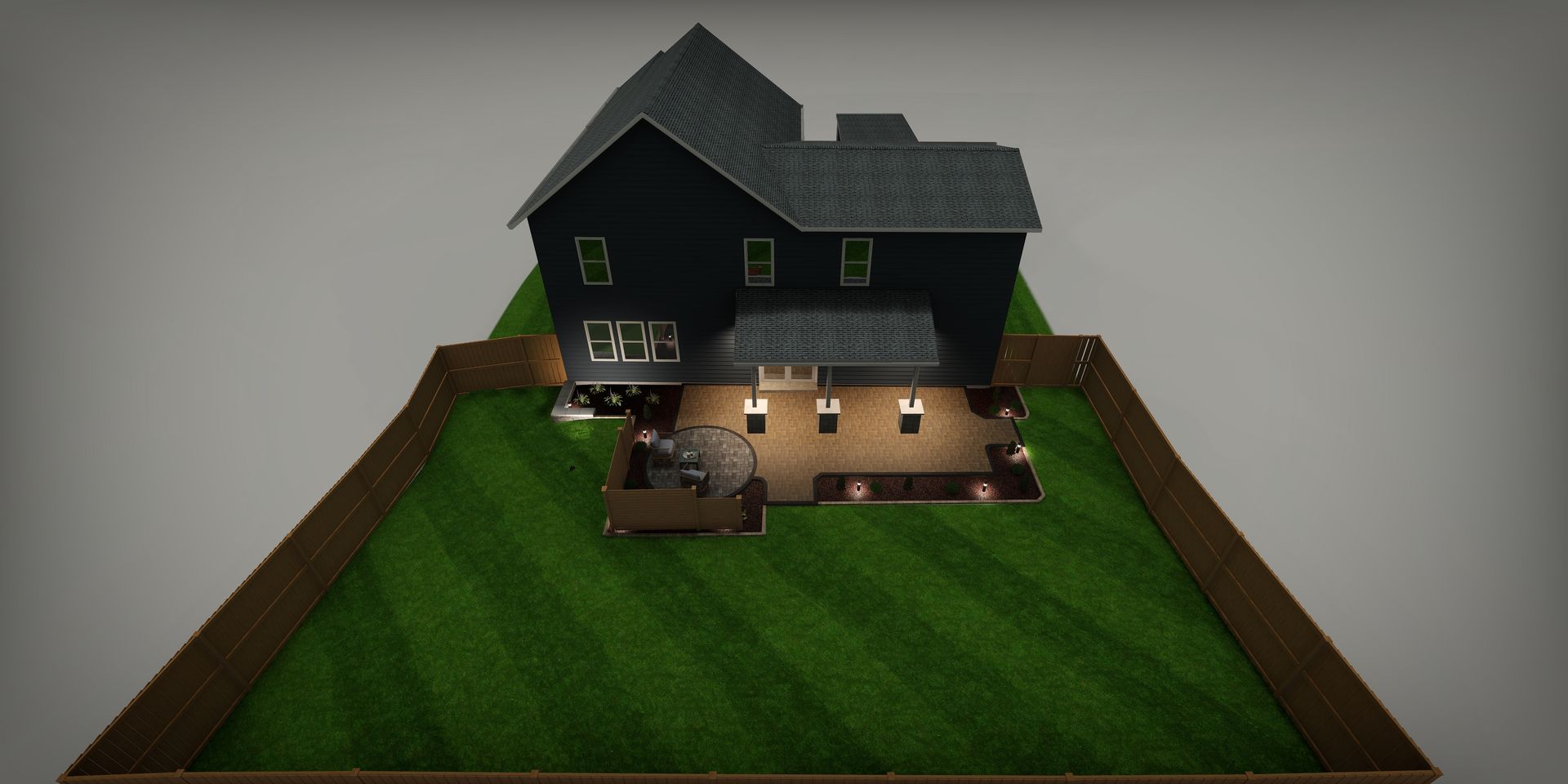 3D rendering of a modern house with a dark roof, lit windows, and a green lawn