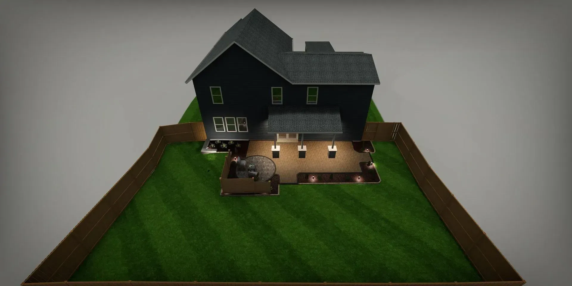 Dark house model with a green yard and small shed on a raised platform