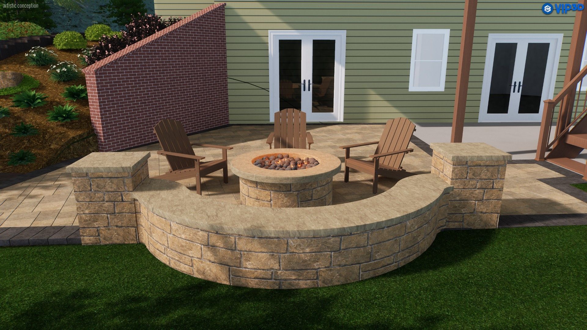 Stone backyard fire pit with curved seating wall, chairs, and a house patio in the background