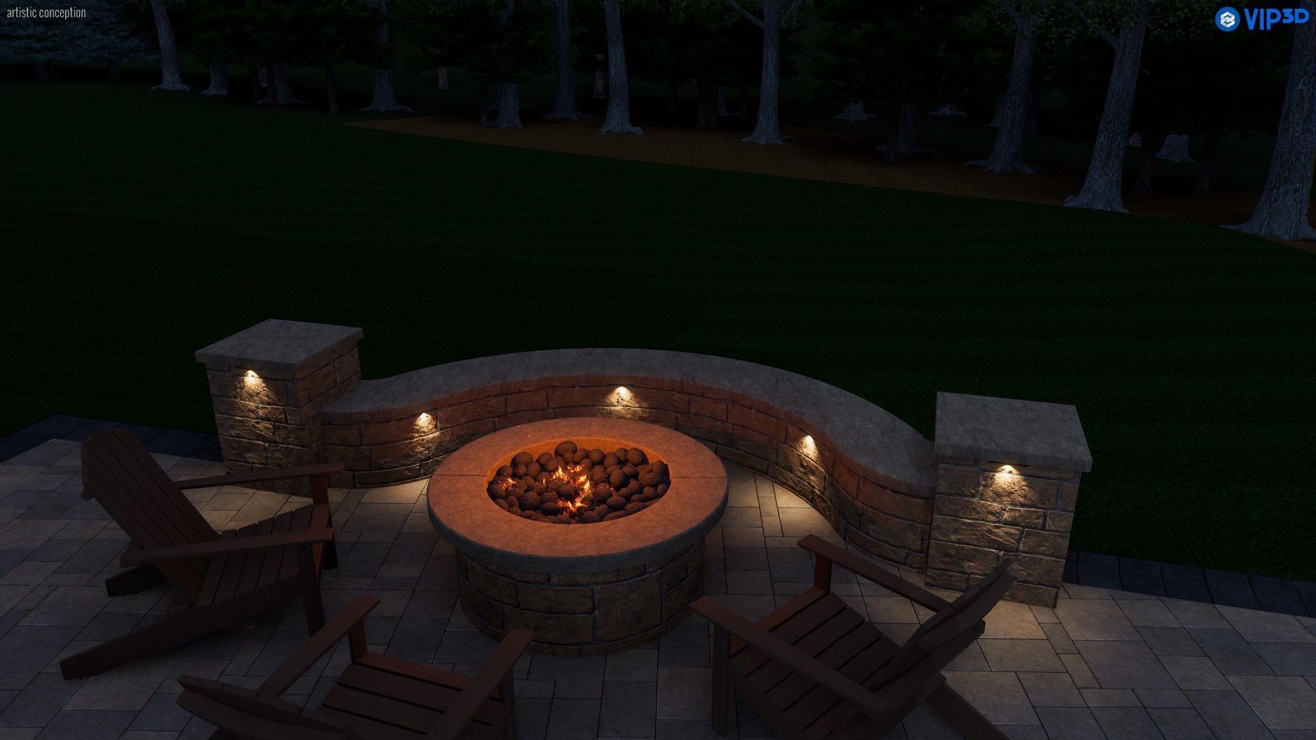 Outdoor stone fire pit with glowing embers, brick seating, and chairs in a dark garden at night