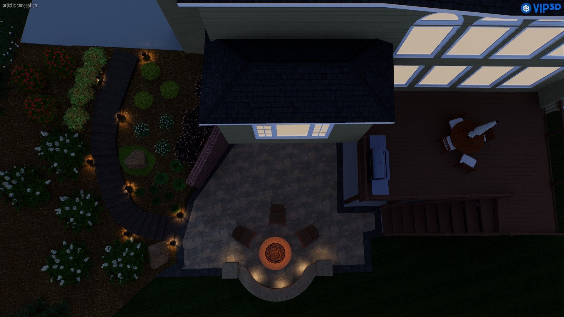 Overhead view of a house patio at night with a lit fire pit, stone path, plants, and outdoor furniture
