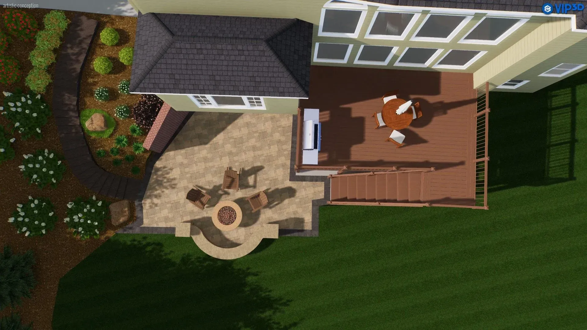 Overhead view of a backyard patio with a person on a wooden deck beside a house and landscaped garden