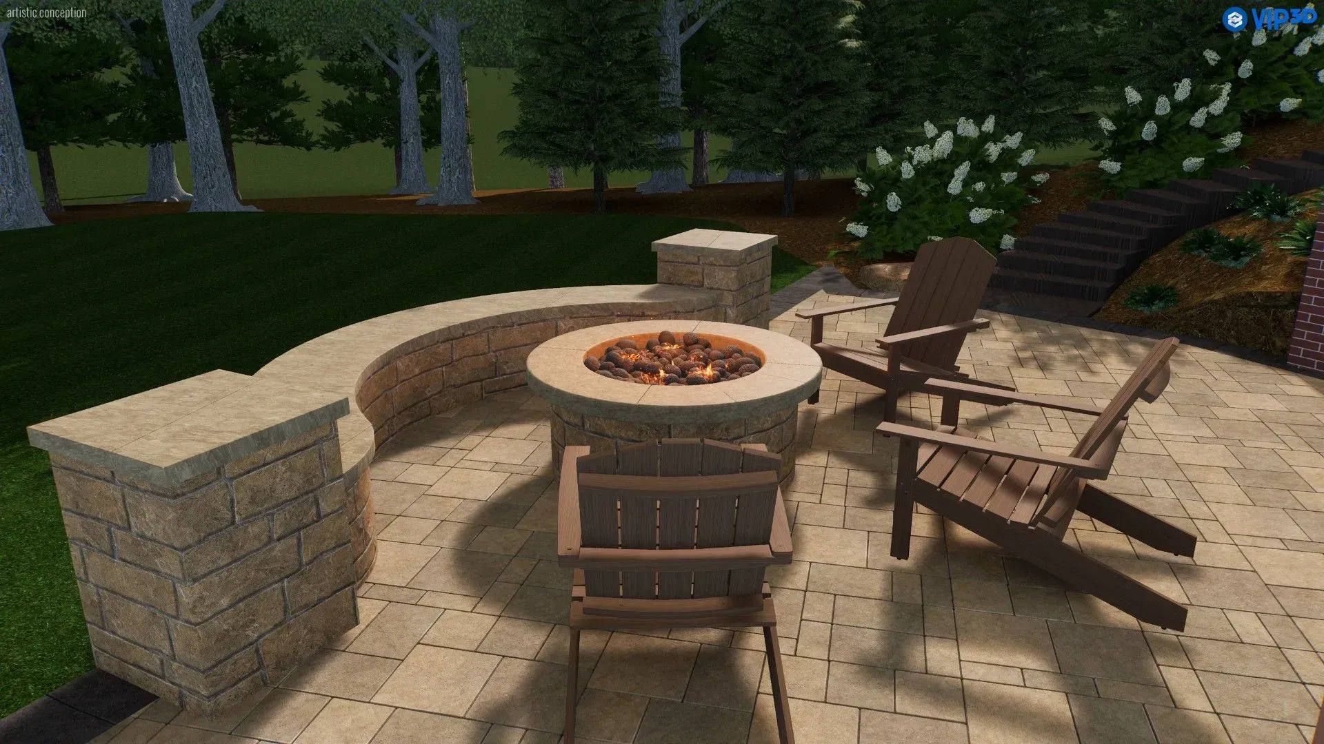 Stone patio fire pit with wooden chairs in a backyard garden at dusk