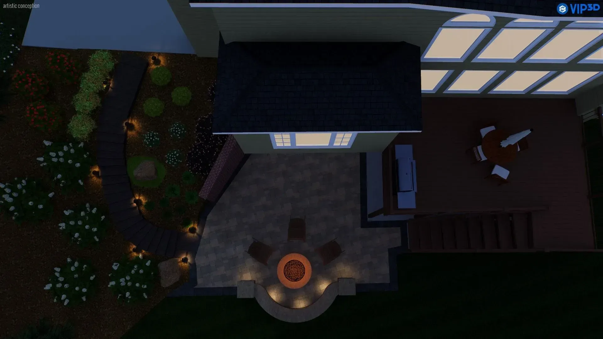 Overhead nighttime view of a house courtyard with lit windows, garden path, and patio furniture.