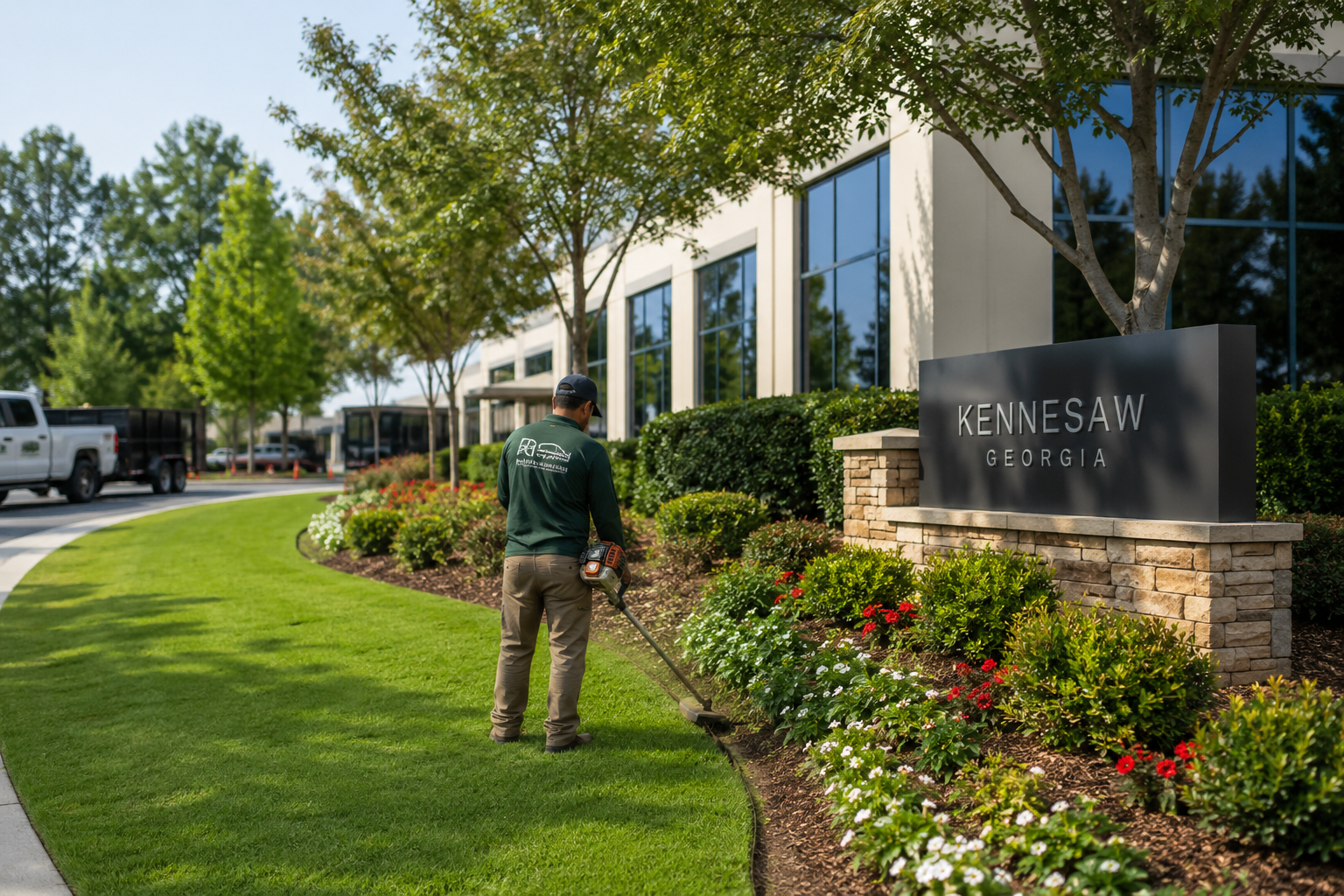 Man walking by a landscaped office building sign reading KEVINSAW LAW GROUP