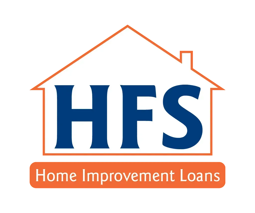 HFS Home Improvement Loans logo with blue text inside an orange house outline