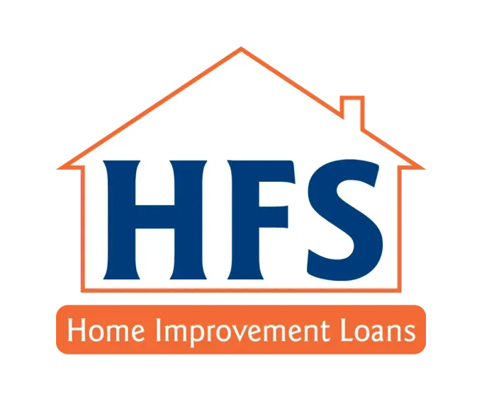 HFS Home Improvement Loans logo with blue text inside an orange house outline