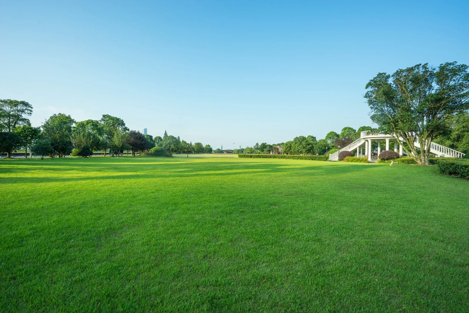 Wide green lawn in a park with trees, blue sky, and a white pavilion on the right