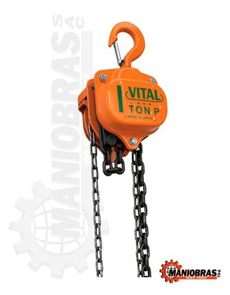 Polipasto eléctrico de cadena Orange Vital con cadenas colgantes sobre fondo blanco