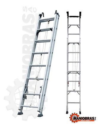 Dos escaleras de aluminio, una apoyada y otra en posición vertical, sobre un fondo blanco.