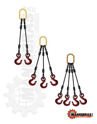 Tres conjuntos de eslingas de cadena con ganchos rojos y eslabones maestros amarillos sobre un fondo blanco.