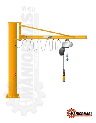 Grúa de pluma amarilla montada en la pared con polipasto y gancho colgantes sobre un fondo blanco.