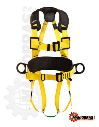 Arnés de seguridad integral amarillo y negro con correas y hebillas sobre fondo blanco.