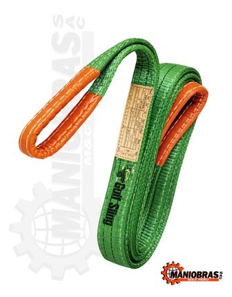Cinta de escalada verde y naranja con etiqueta tejida de color beige y presillas para mosquetón sobre fondo blanco.