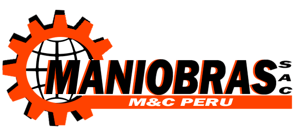 Logotipo de Maniobras M&C Perú con engranaje naranja y texto negro y rojo.