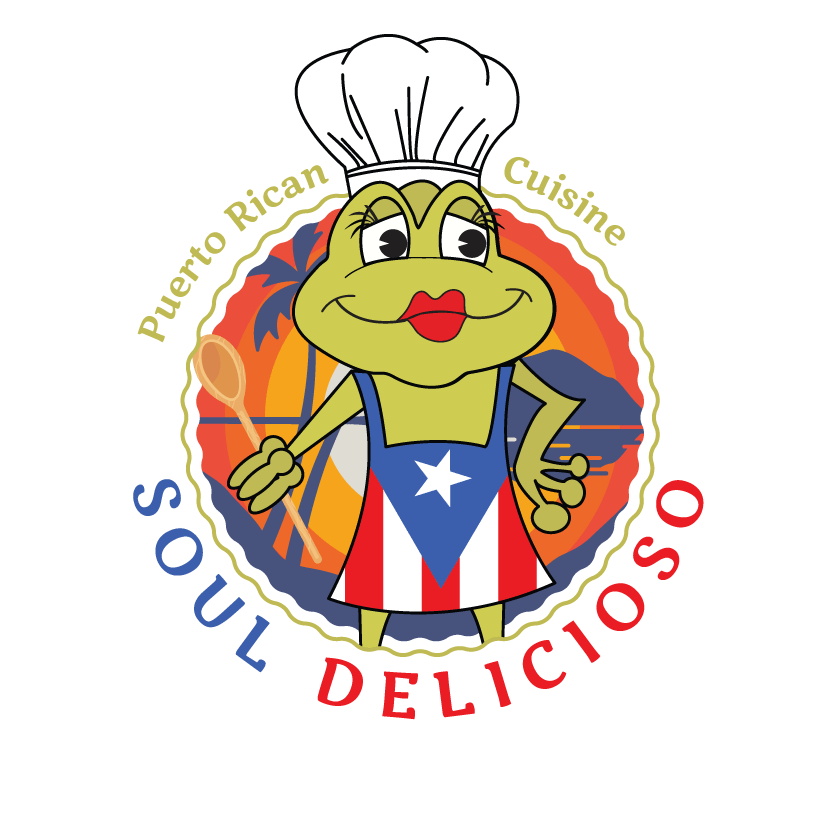 A cartoon frog chef wearing a Puerto Rican flag apron, holding a spoon, with text 