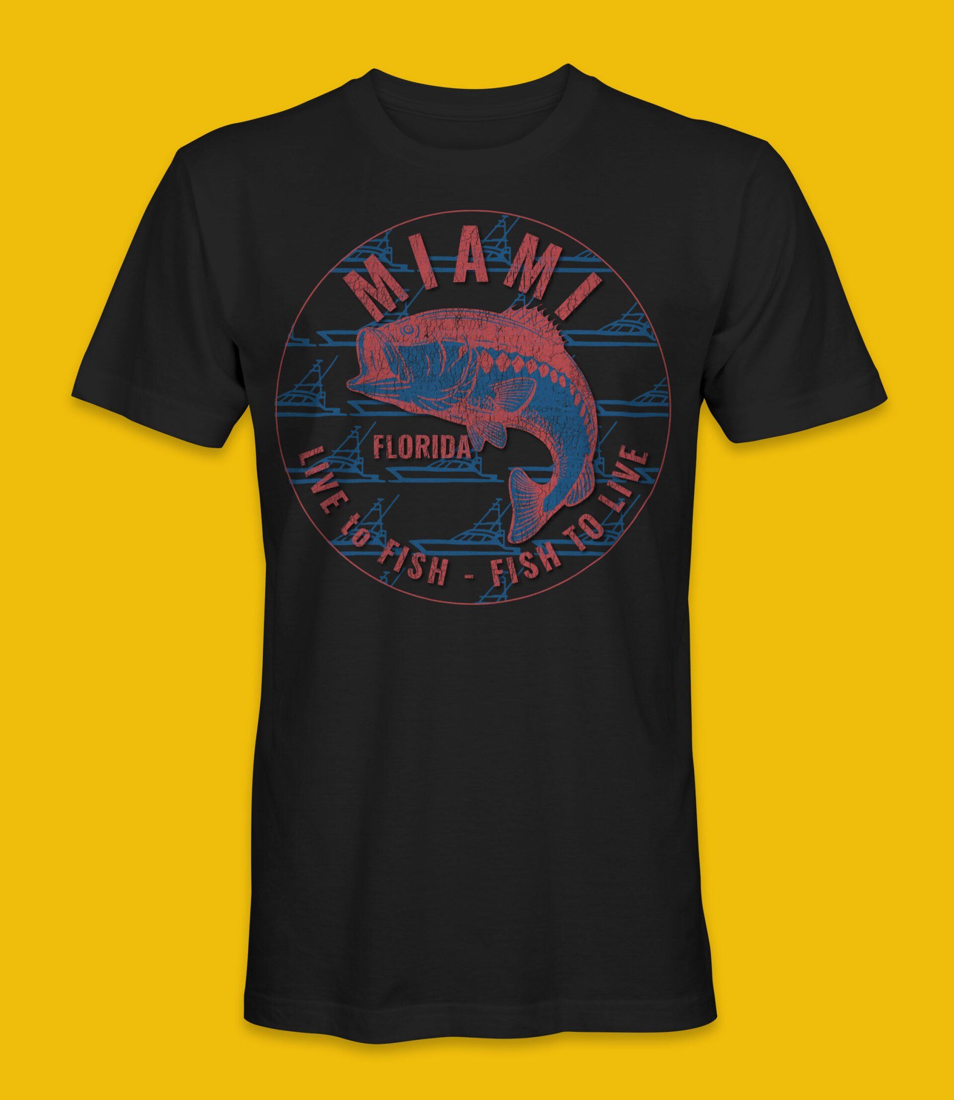 Black t-shirt with a Miami fishing-themed graphic in red and blue.