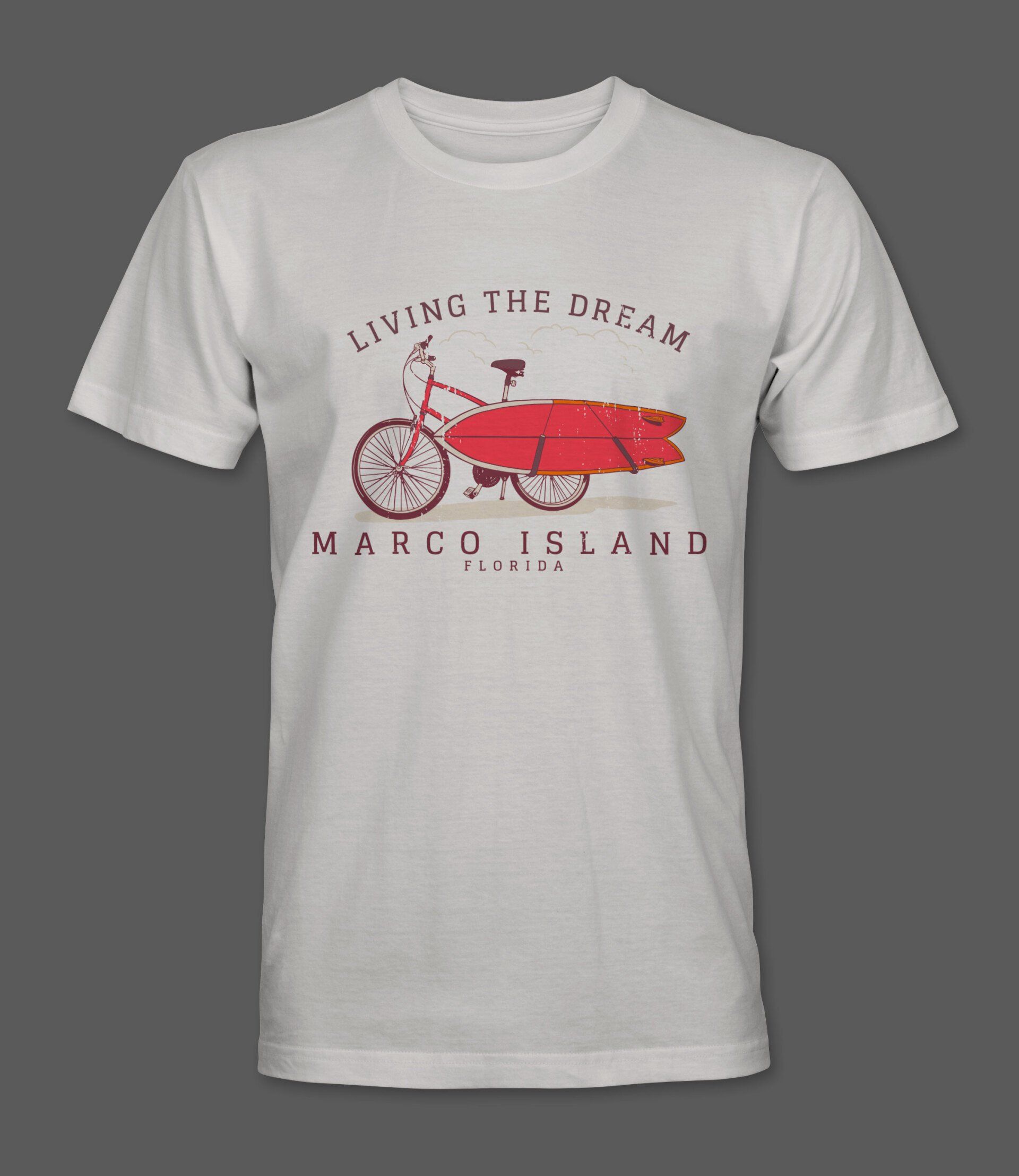 White t-shirt with red graphic: bicycle carrying a surfboard with 