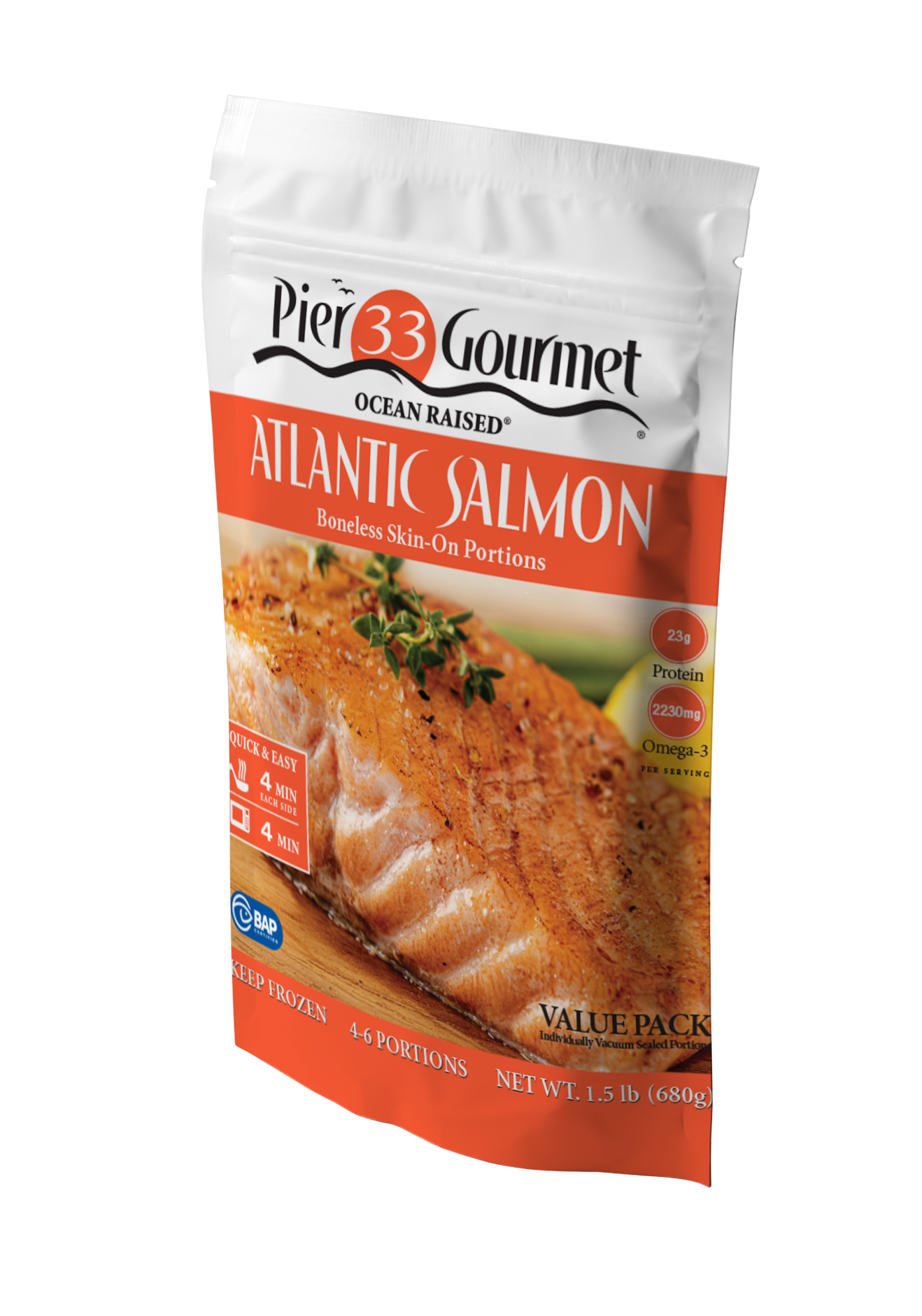 A package of Pier 33 Gourmet Atlantic Salmon. The package is orange and white, showing a cooked salmon fillet.