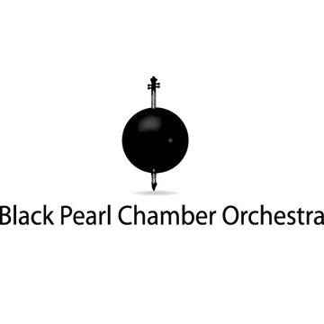 Logo for the Black Pearl Chamber Orchestra: a black sphere with a violin on top and the name below in black font.