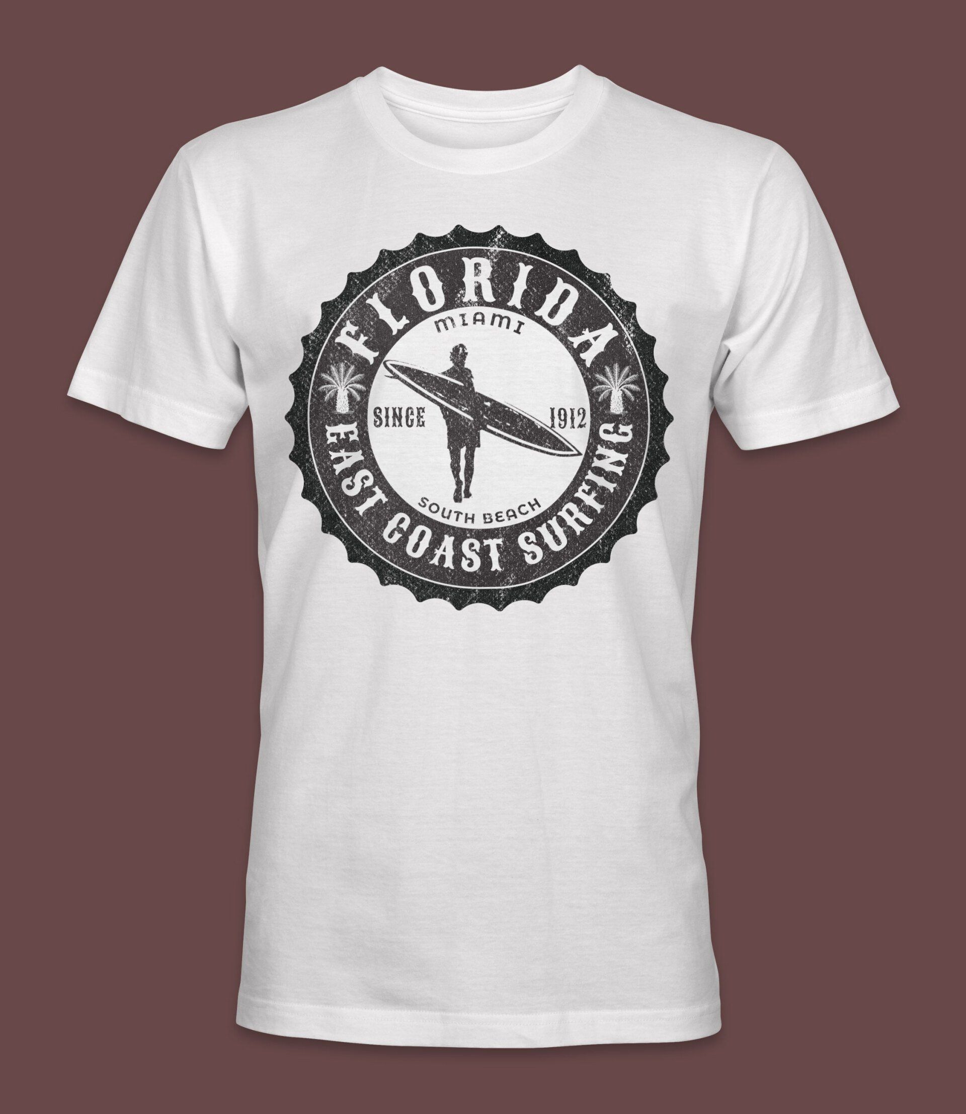 White t-shirt with a black circular graphic that says 
