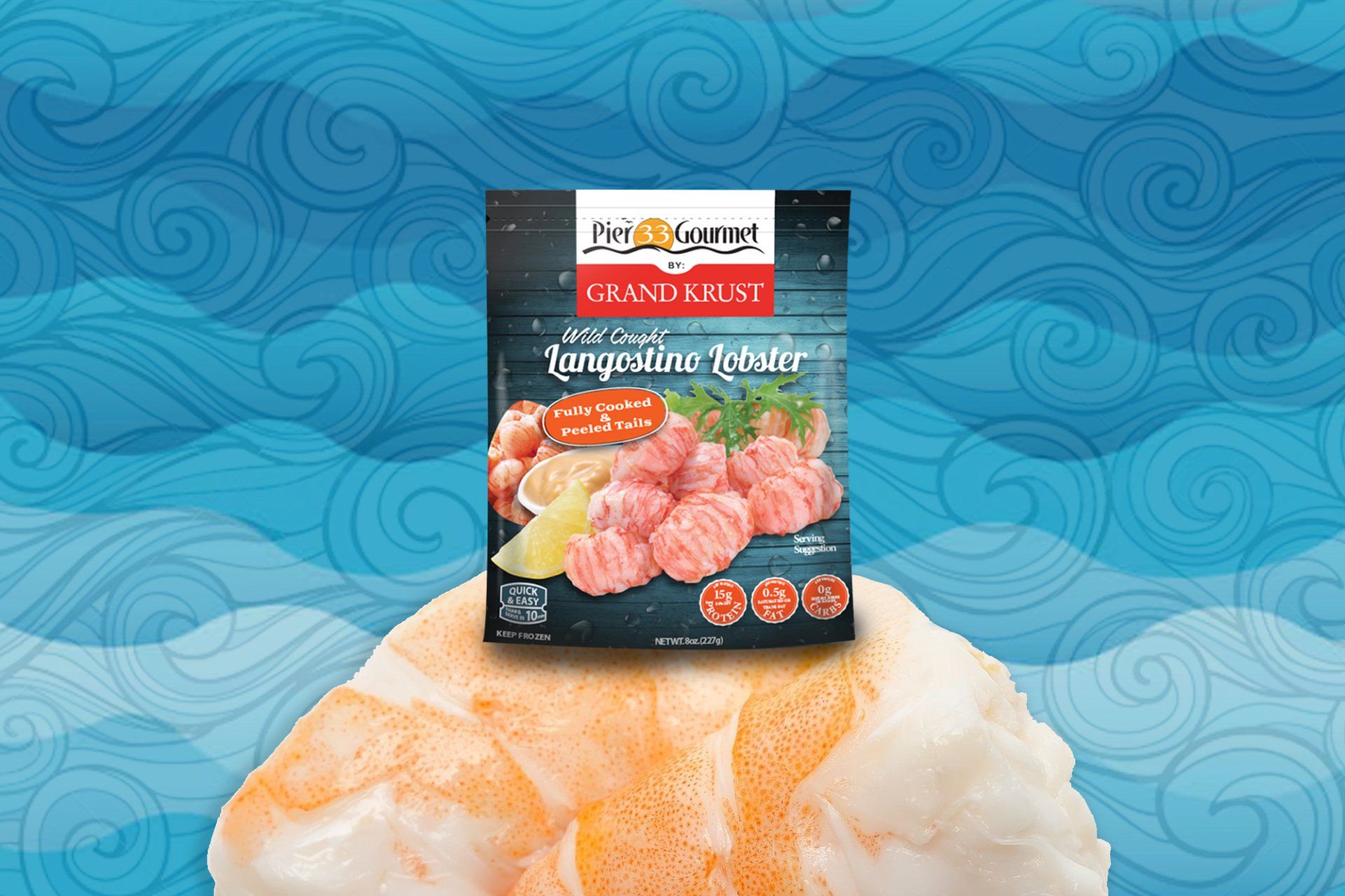 A package of frozen shrimp sits atop a large cooked shrimp, against a blue wavy background.
