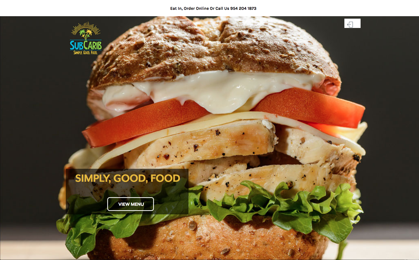 A large sandwich with chicken, tomato, and cheese. Restaurant advertisement with the logo 