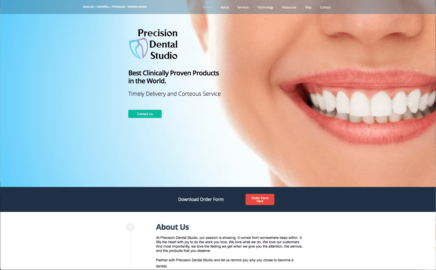 Website homepage for Precision Dental Studio, with a logo, smiling woman, and a teal and white color scheme.