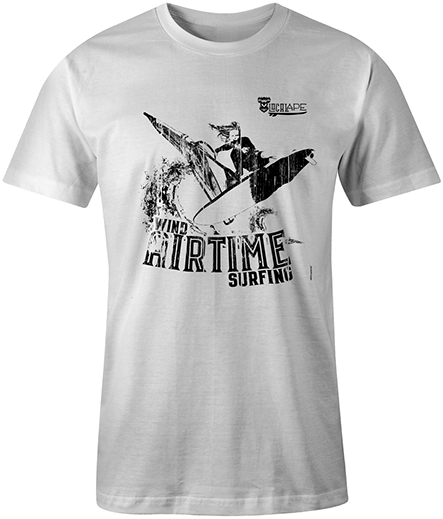 White t-shirt with a black graphic of a surfer riding a wave with the text 