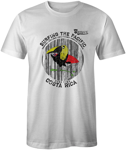 White t-shirt with a graphic of a toucan bird perched on a branch with 