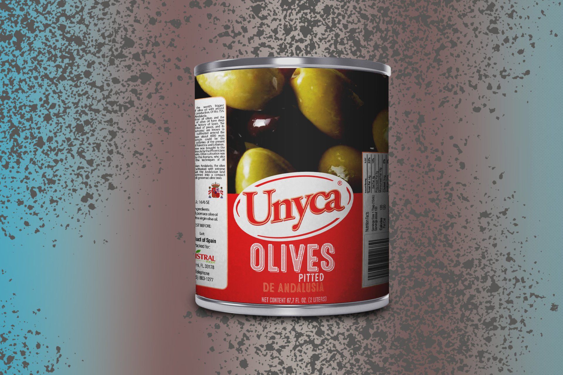 A can of Unyca olives in brine with a red and white label.