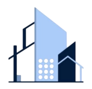Stylized blue city buildings with a streetlamp-like post and white windows on a white background