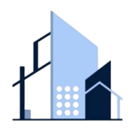 Stylized blue city buildings and construction crane on a white background