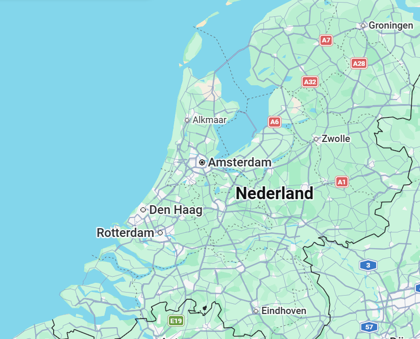 Kaart van Nederland met steden als Amsterdam, Rotterdam, Den Haag en Groningen aangegeven.