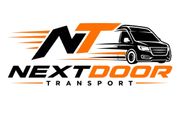 NextDoor Transport-logo met een oranje en zwarte bestelwagen en vetgedrukte bedrijfstekst.