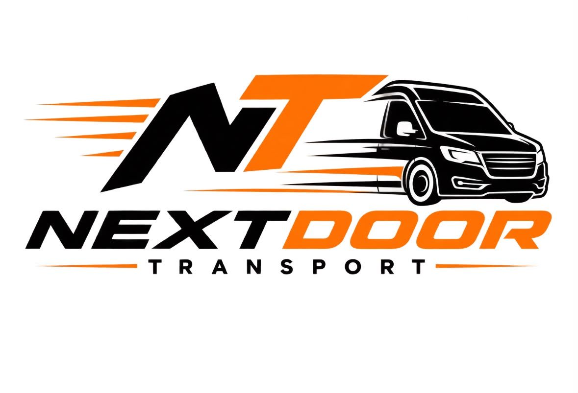 NextDoor Transport-logo met een oranje en zwarte bestelwagen en vetgedrukte bedrijfstekst.