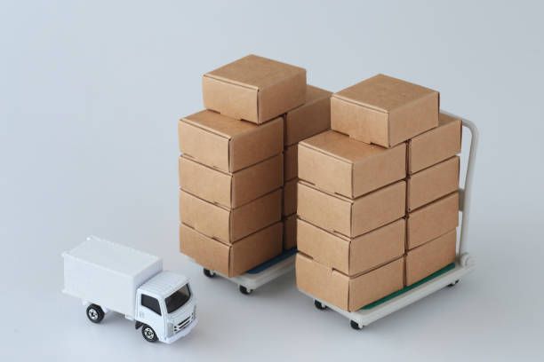 Witte bestelbus naast twee pallets met bruine verzenddozen op een lichte achtergrond.