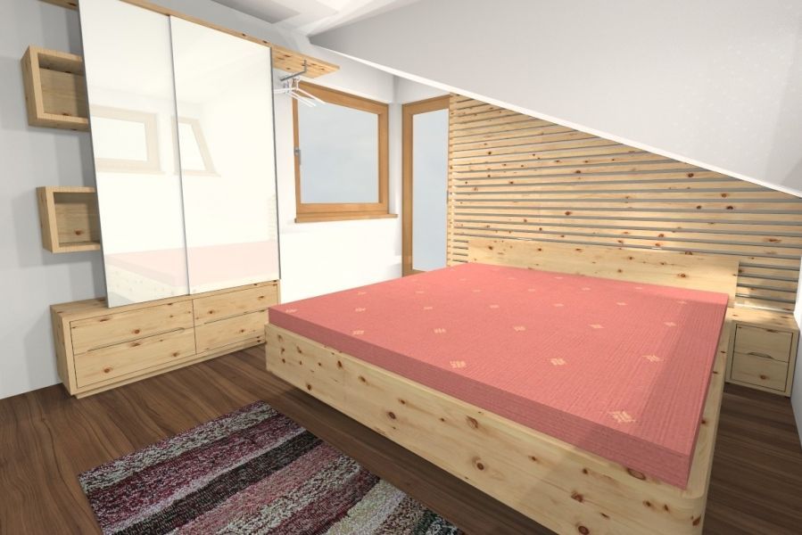 Schlafzimmer mit einem hellen Holzbett mit lachsfarbener Matratze