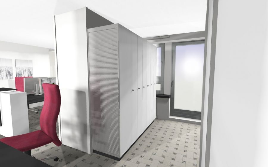 Ein modernes Bürointerieur mit einem hohen weißen Aufbewahrungsschrank