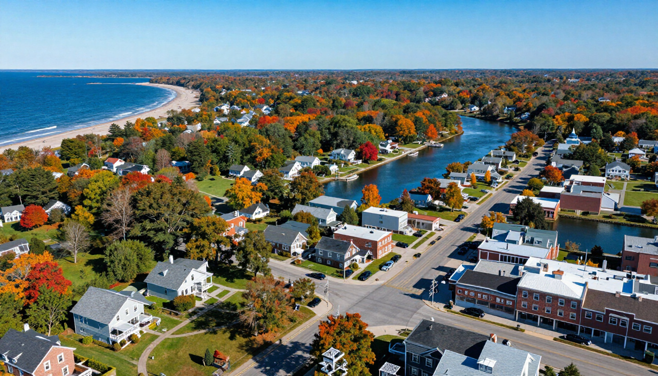 Aerial view of a coastal town with a beach, river, roads, and autumn-colored trees.