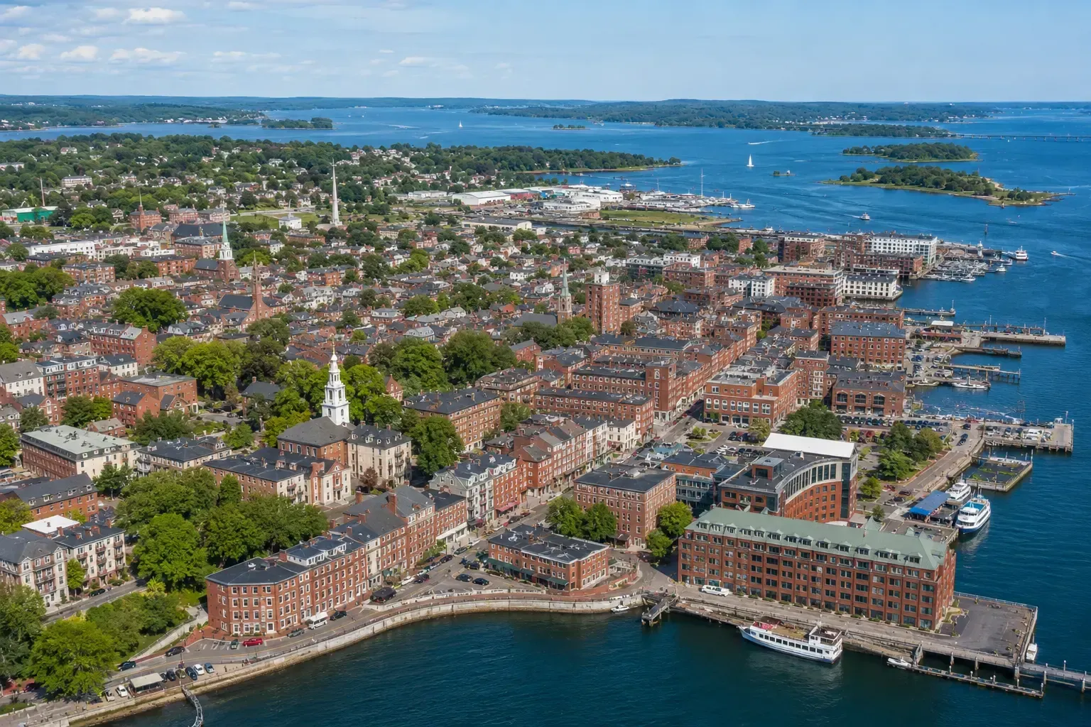Aerial view of a coastal city with red-roofed buildings, harbor, and blue water
