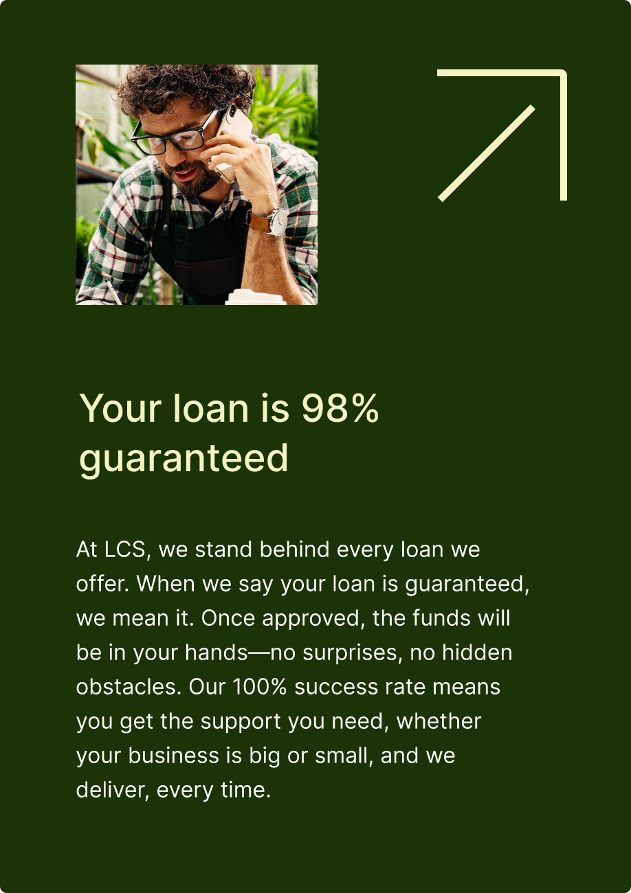 Loan ad: Man on phone, 98% guarantee. Green background, white text.