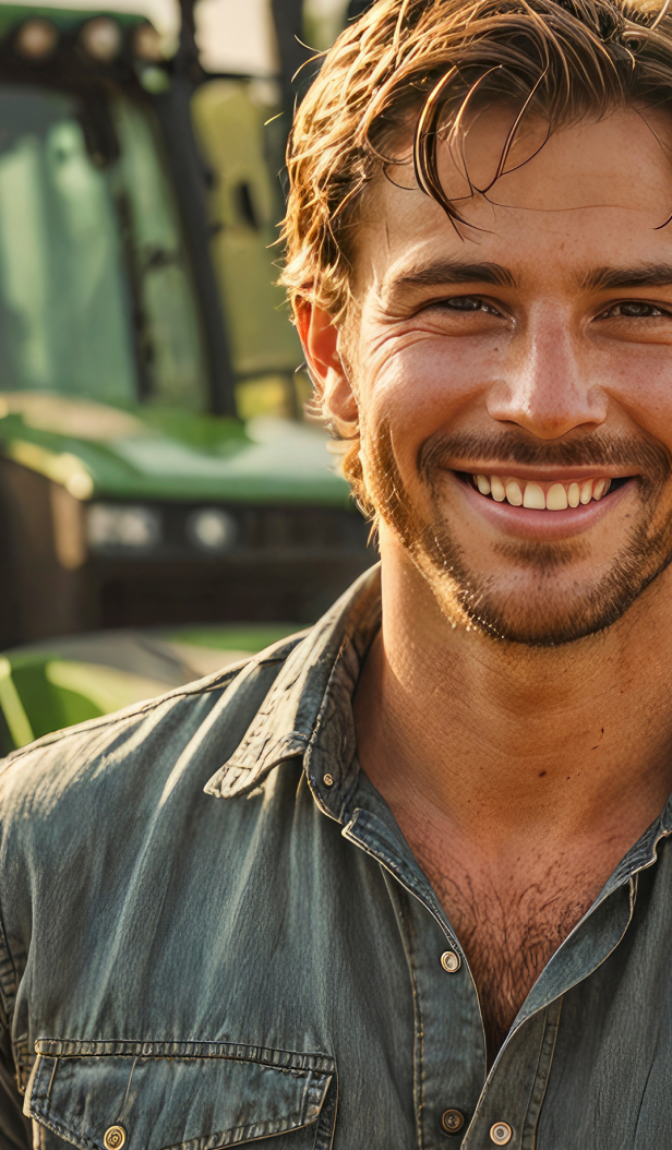 Smiling man in denim shirt in front of a green tractor.