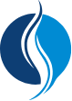 Blue stylized flame within a two-tone blue circle.
