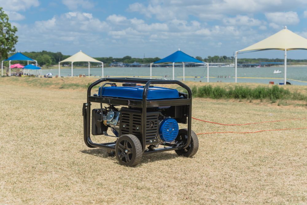 A Blue Generator Is Sitting In A Field Next To A Body Of Water — In Electrics In Cardwell, QLD