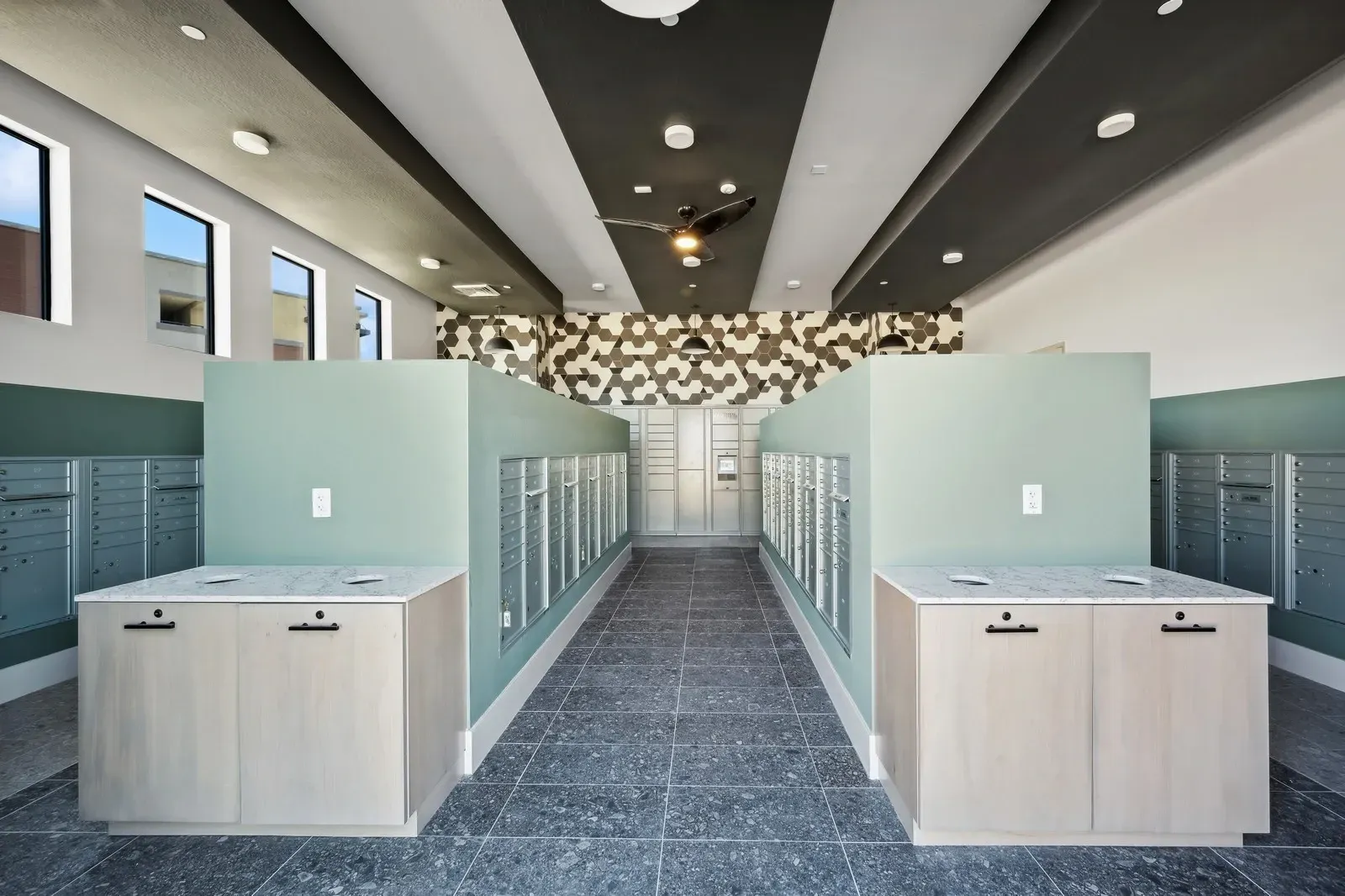 Mailroom with mailboxes and package lockers at Longbow Luxury Apartments Mesa, AZ.
